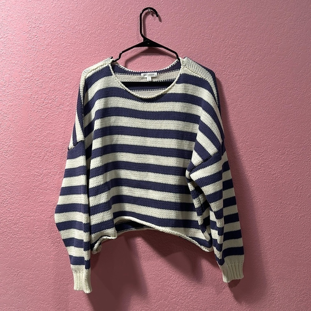 BLU PEPPER Blue/White Stripe Cropped Knit Slouchy Sweater Size L